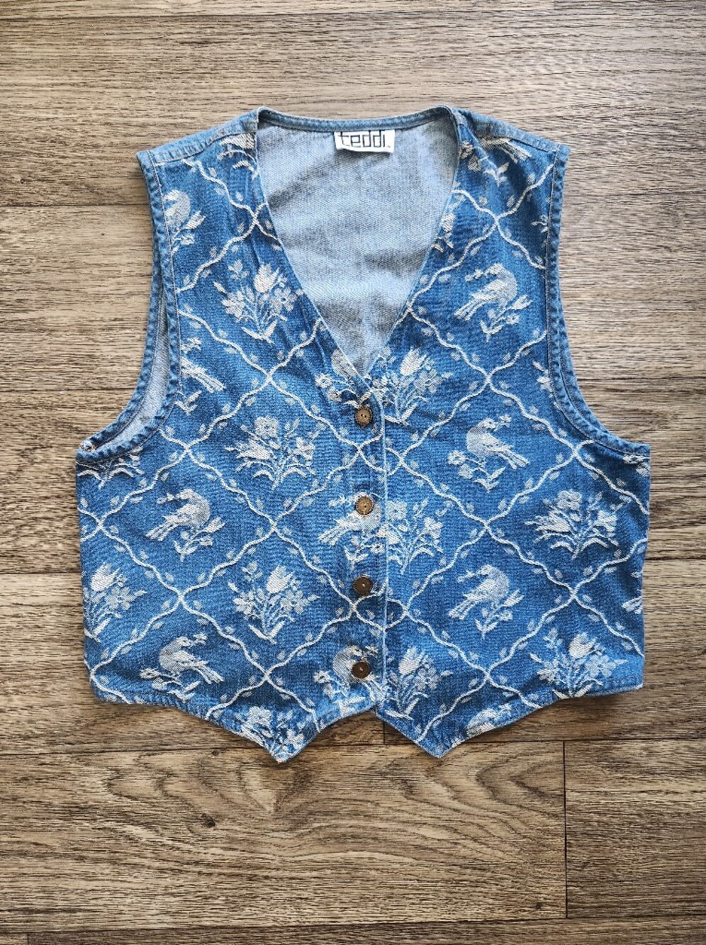 Teddi Vintage 90s Denim Embroidered Vest Adjustable Tie Back